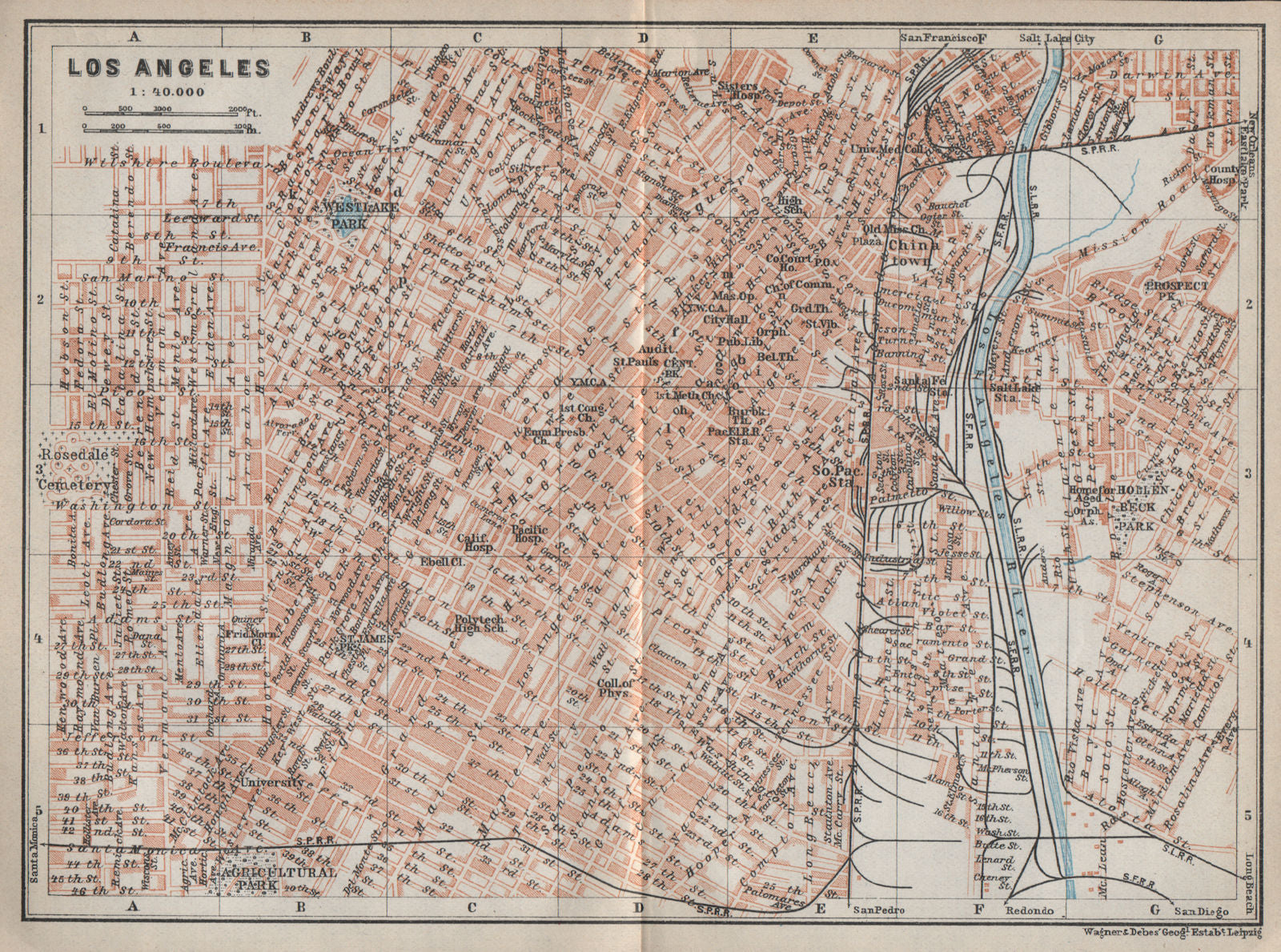 LOS ANGELES city plan. Downtown Westlake Chinatown Financial district 1909 map